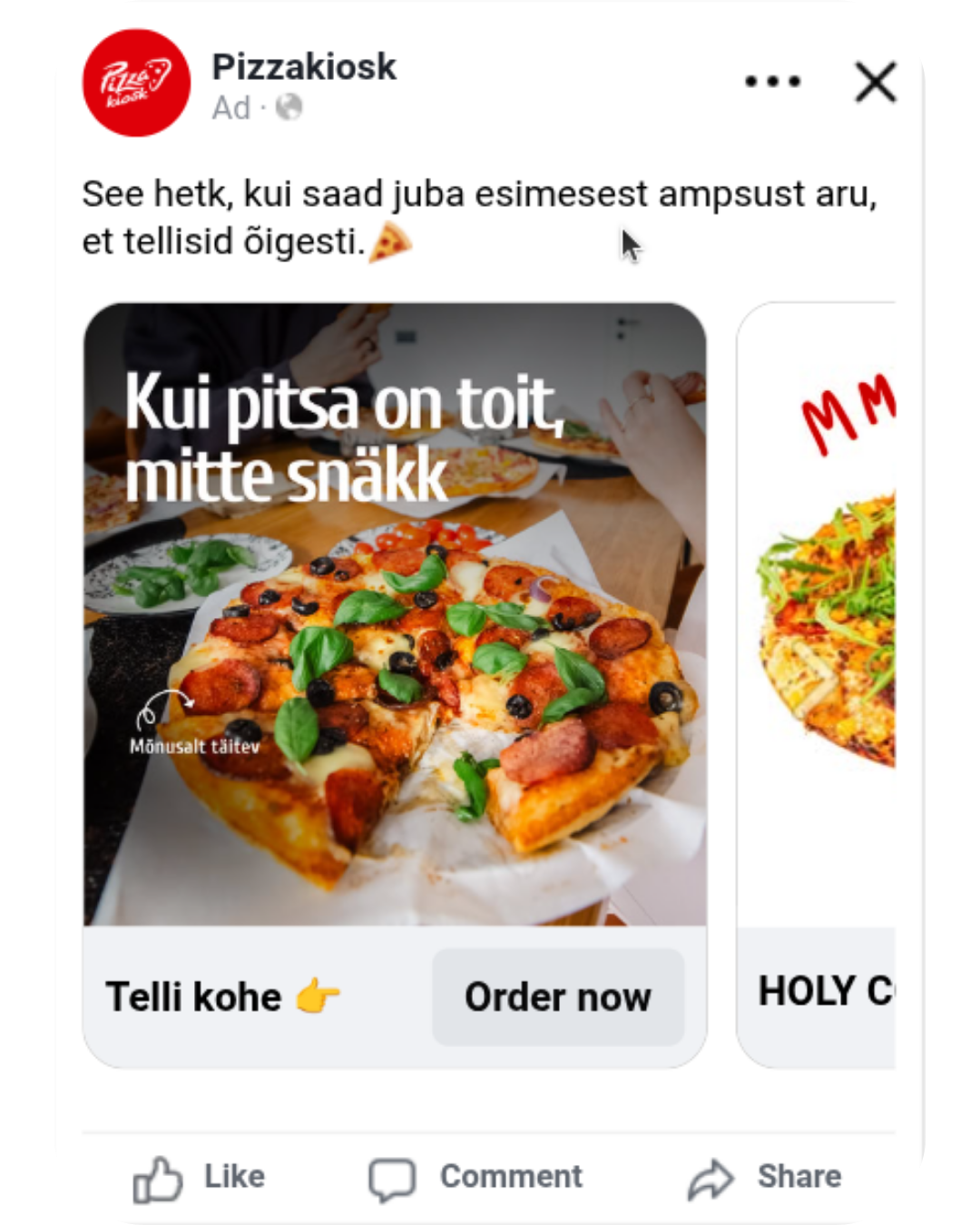 Pizzakiosk kataloogireklaamid Meta platvormidel